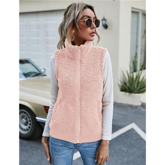 New Womens Fuzzy Fleece Vest, Casual Warm Sleeveless Zip Up Sherpa Vest - Picture 3 of 5